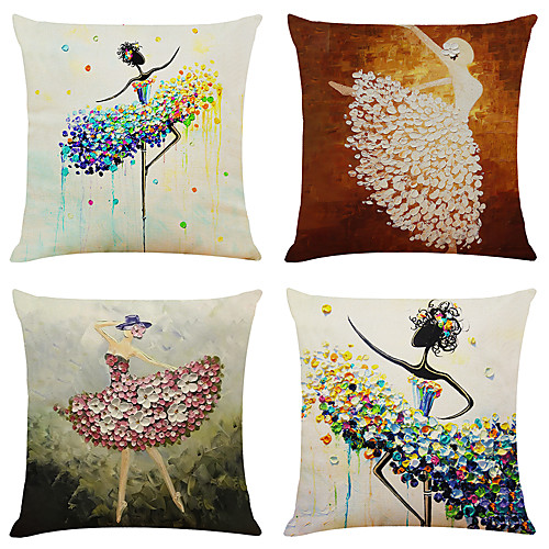 

4 pcs Linen Pillow Cover, Print Simple Classic Square Zipper Traditional Classic