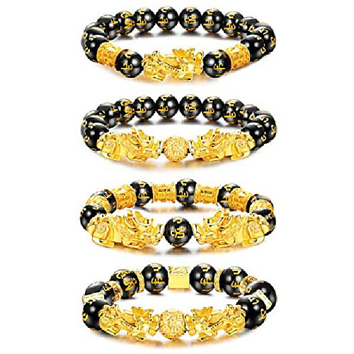 

Feng Shui Pixiu Good Luck Bracelets for Men Women Black Obsidian Mantra Bead Bracelets Pi Yao Attract Wealth Money Bracelelts with Gold Plated
