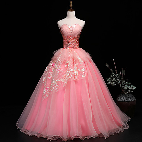 

Ball Gown Peplum Floral Engagement Prom Dress Sweetheart Neckline Sleeveless Floor Length Tulle with Pleats Sequin Appliques 2021