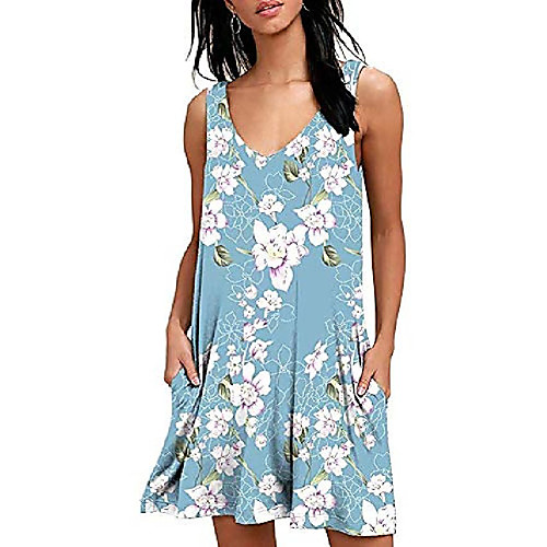 

summer dresses ladies sleeveless knee length short flower dresses beach dresses with pockets (light blue, 2xl)