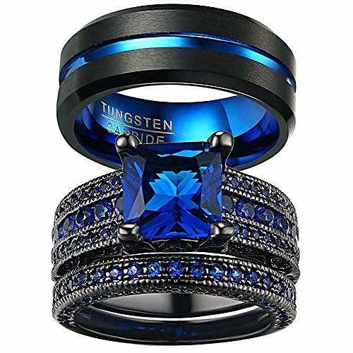 

Couple Rings Black Gold Filled Princess Cut Blue Cz Womens Wedding Ring Man Tungsten Wedding Band