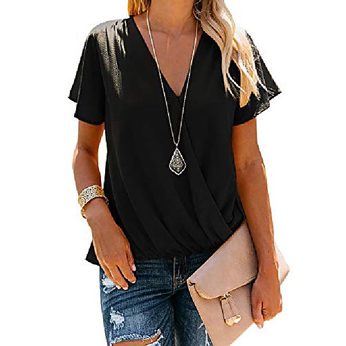 

Womens V Neck Causal Wrap Tunic Top Bow Tie Sleeve Draped Solid Summer T-Shirt Blouses