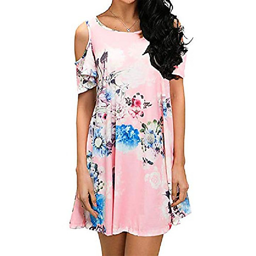 

ladies cold shoulder tunic top t-shirt casual swing dress with pockets mini dress pink s