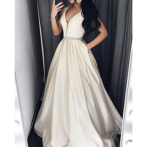 

A-Line Minimalist Elegant Engagement Formal Evening Dress V Neck Sleeveless Floor Length Satin with Pleats 2021