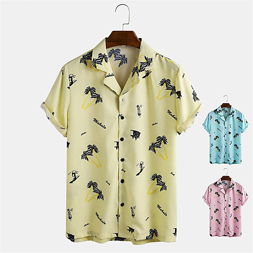 

Men's Shirt Other Prints Plants Button-Down Print Short Sleeve Daily Tops Casual Blue Yellow Blushing Pink