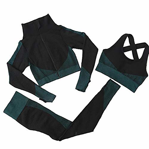 

SeamlessWomen Yoga Suit Long Sleeve Coat Vest Leggings Fitness Tracksuit Gym Sportswear Clothing Set 3 Pcs(Blackish Green, S)