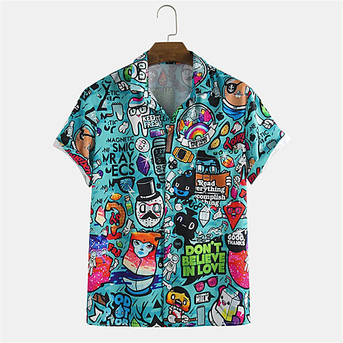 

Men's Shirt Other Prints Cartoon Button-Down Print Short Sleeve Daily Tops Casual Hawaiian Blue