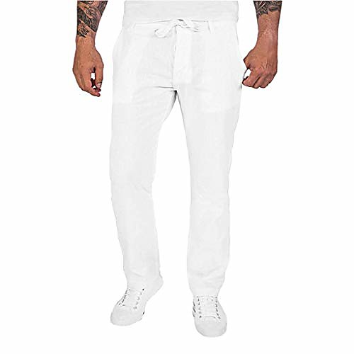

mens cotton linen casual pants elastic waist loose fit trousers cargo beach pant straight legs stretchy pants white