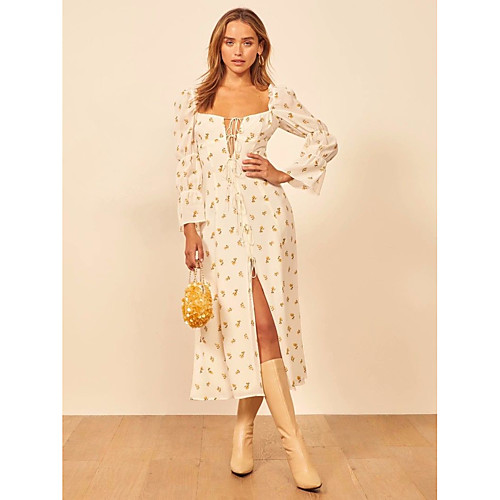 

Sheath / Column Floral Boho Holiday Cocktail Party Dress Scoop Neck Long Sleeve Tea Length Cotton with Split Pattern / Print 2021