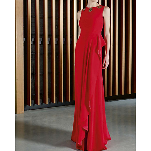 

Sheath / Column Minimalist Sexy Wedding Guest Formal Evening Dress Jewel Neck Sleeveless Floor Length Stretch Satin with Ruffles 2021