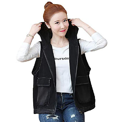 

women's sleeveless zipper up loose fit washed denim black jean vest simple outerwear s