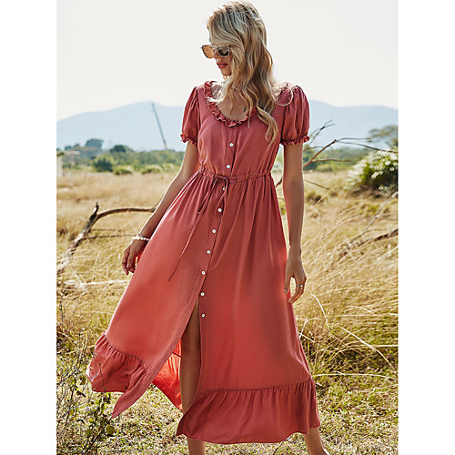 

Women's A Line Dress Maxi long Dress Wine Short Sleeve Solid Color Lace up Ruffle Patchwork Summer Round Neck Elegant Sexy Puff Sleeve 2021 S M L XL