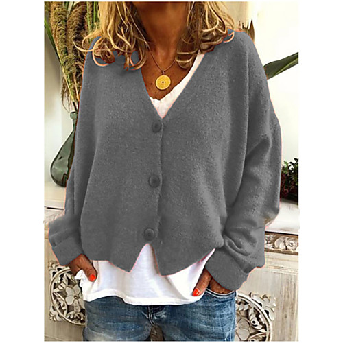 

Women's Solid Color Cardigan Cotton Long Sleeve Sweater Cardigans V Neck Autumn / Fall Dark wine red Black Blue