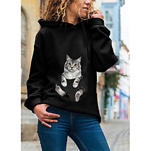 

Women's Pullover Hoodie Sweatshirt Cat Graphic 3D Daily Basic Casual Hoodies Sweatshirts Black