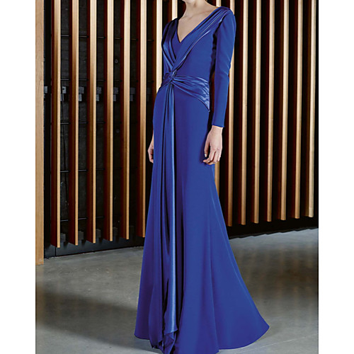 

Sheath / Column Minimalist Elegant Wedding Guest Formal Evening Dress V Neck Long Sleeve Floor Length Chiffon with Sash / Ribbon 2021