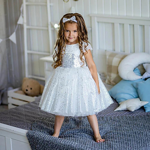 

Princess / A-Line Knee Length Wedding / Party Flower Girl Dresses - Tulle / Sequined Short Sleeve Jewel Neck with Appliques / Paillette