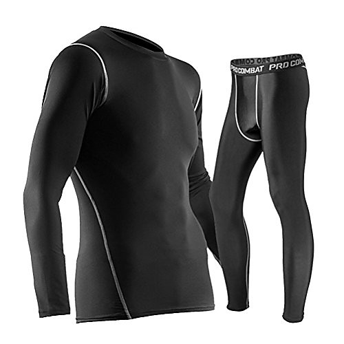 

Men's Sports Compression Set of TOP & Under Athletic Baselayer Tights Set Black Exercise Clothes Workout Bodysuit Ultra Thin Running Fitness Fast Cool Dry Suit (M, Black 1)