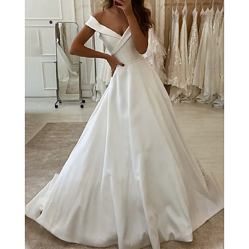 

A-Line Wedding Dresses V Neck Floor Length Satin Sleeveless Country Simple with Pleats 2021