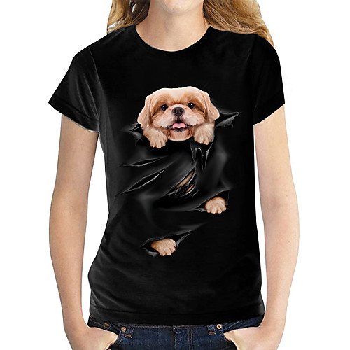 

Women's 3D Printed T shirt Dog Graphic 3D Print Round Neck Basic Tops 100% Cotton White Black