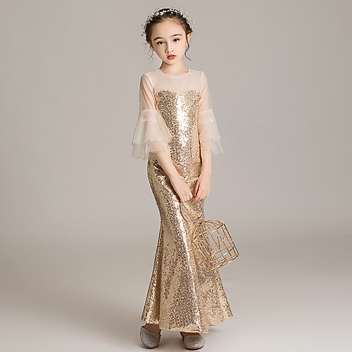 

Mermaid / Trumpet Ankle Length Formal Evening / Pageant Flower Girl Dresses - Sequined 3/4 Length Sleeve Jewel Neck with Solid / Splicing / Paillette