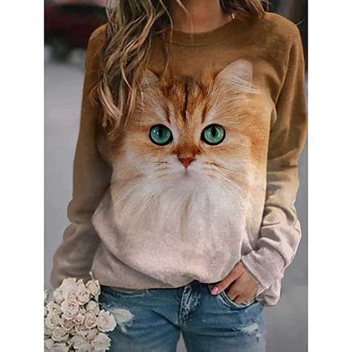 

Women's Pullover Sweatshirt Cat Graphic 3D Print Daily 3D Print Basic Casual Hoodies Sweatshirts Khaki