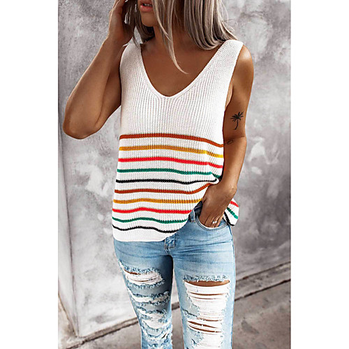 

sweater knitted vest t-shirt women 2020 amazon new european and american multi-color striped v-neck inner pullover blouse