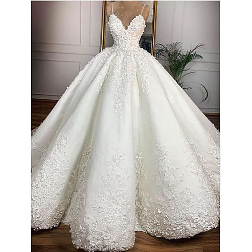 

Princess Ball Gown Wedding Dresses V Neck Spaghetti Strap Floor Length Lace Satin Sleeveless Formal Romantic Luxurious with Appliques 2021