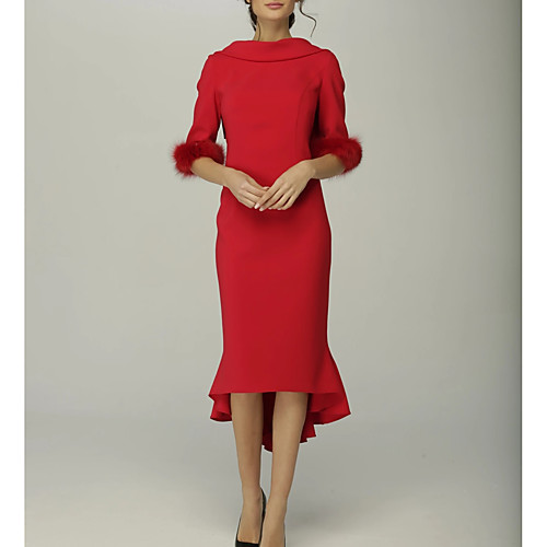 

Sheath / Column Mother of the Bride Dress Elegant High Neck Asymmetrical Stretch Fabric Half Sleeve with Ruffles 2021