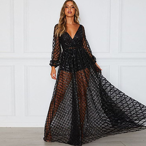 

Women's Swing Dress Maxi long Dress Black Gold Long Sleeve Solid Color Sequins Patchwork Fall Spring V Neck Elegant Sexy 2021 S M L XL XXL