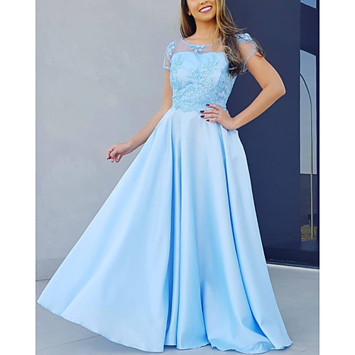 

A-Line Elegant Floral Engagement Formal Evening Dress Illusion Neck Short Sleeve Floor Length Satin with Pleats Appliques 2021