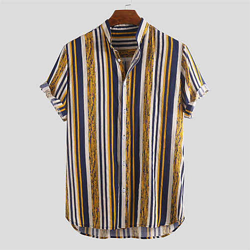 

Men's Shirt Other Prints Striped Button-Down Print Short Sleeve Daily Tops 100% Cotton Casual Yellow