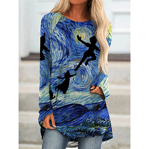 

Women's T Shirt Dress Tee Dress Short Mini Dress Blue Long Sleeve Print Color Block Print Fall Spring Round Neck 3D Print Casual 3D Print S M L XL XXL 3XL