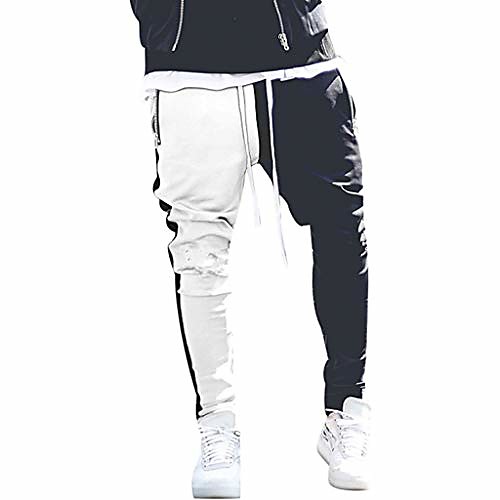 

mens stripe track pants skinny fit stretch trouser elastic jogger colorblock sport pants zipper ankle sweatpants white