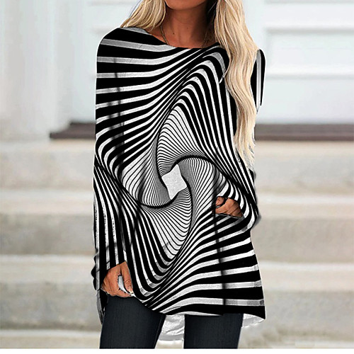 

Women's T Shirt Dress Tee Dress Short Mini Dress Black Long Sleeve Check Color Block Geometric Print Fall Spring Round Neck 3D Print Casual 3D Print S M L XL XXL 3XL