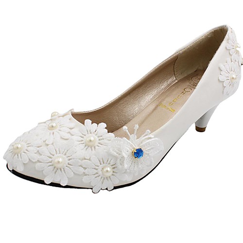 

Women's Wedding Shoes Chunky Heel Round Toe Wedding Pumps Sweet Wedding Walking Shoes PU Rhinestone Pearl Lace Floral 5 cm with the same style [standard code] Same style with flat bottom [standard