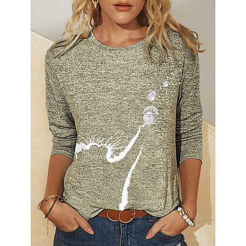 

Women's T shirt Cat Graphic Long Sleeve Print Round Neck Tops Basic Basic Top Black Khaki