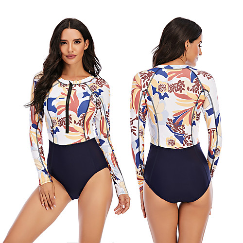 

Women's One Piece Swimsuit Rash Guard Elastane Swimwear Breathable Quick Dry Long Sleeve Front Zip - Swimming Surfing Water Sports Painting Autumn / Fall Spring Summer