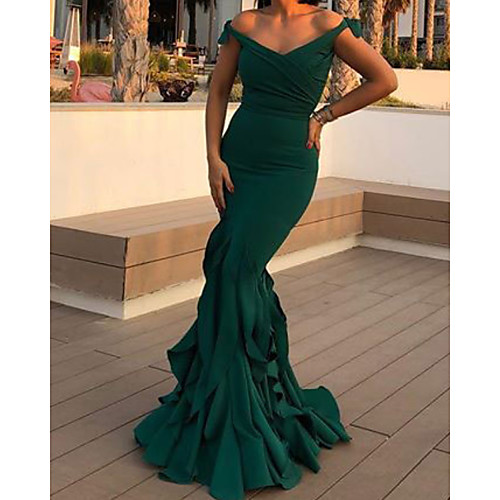 

Mermaid / Trumpet Minimalist Sexy Engagement Formal Evening Dress Off Shoulder Sleeveless Floor Length Stretch Satin with Pleats 2021