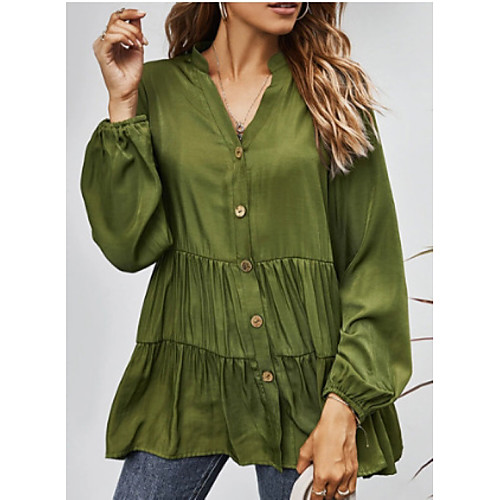 

Women Loose Fit V Neck Solid Color Shirts Casual Long Sleeve Babydoll Button Down Ruffle Hem Blouse Tunic Tops (Apricot, X-Large)