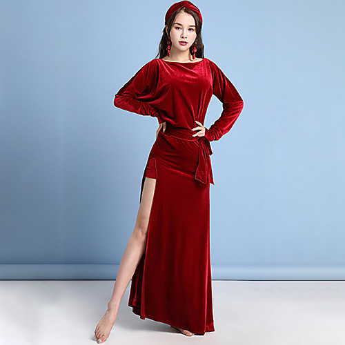 

Ballroom Dance Dress Split Ruching Bandage Women's Training Performance Long Sleeve High Pleuche