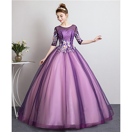 

Ball Gown Elegant Floral Prom Formal Evening Dress Illusion Neck Half Sleeve Floor Length Tulle with Pleats Pearls Appliques 2021