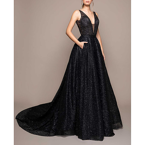 

A-Line Beautiful Back Sexy Engagement Formal Evening Dress V Neck Sleeveless Court Train Sequined with Sequin 2021