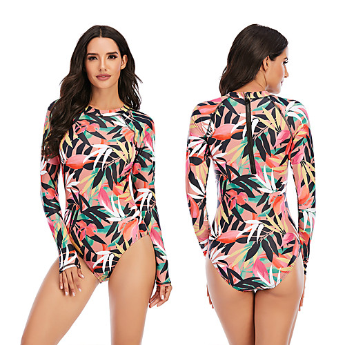 

Women's One Piece Swimsuit Rash Guard Elastane Swimwear Breathable Quick Dry Long Sleeve Back Zip - Swimming Surfing Water Sports Painting Autumn / Fall Spring Summer