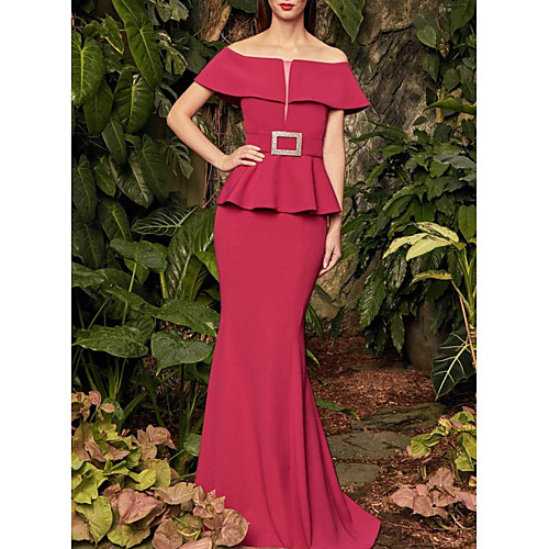 

Mermaid / Trumpet Peplum Elegant Wedding Guest Formal Evening Dress Off Shoulder Short Sleeve Sweep / Brush Train Stretch Satin with Sash / Ribbon 2021