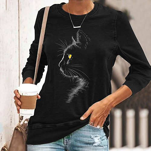 

Women's T shirt Cat Graphic Long Sleeve Print Round Neck Tops Basic Basic Top Black
