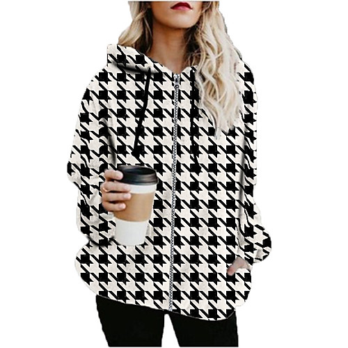 

Women's Houndstooth Print Fall & Winter Hoodied Jacket Long Sports Long Sleeve Cotton Blend Coat Tops Black
