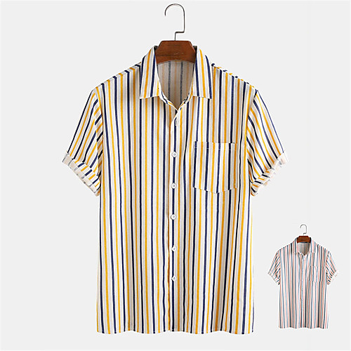 

Men's Shirt Other Prints Striped Button-Down Print Short Sleeve Daily Tops 100% Cotton Casual Hawaiian Yellow Blushing Pink