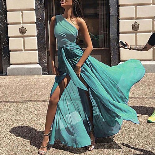

Women's Swing Dress Maxi long Dress Blue Orange Green Light Green Light Blue Sleeveless Solid Color Lace up Patchwork Spring Summer One Shoulder Elegant Sexy 2021 S M L XL XXL