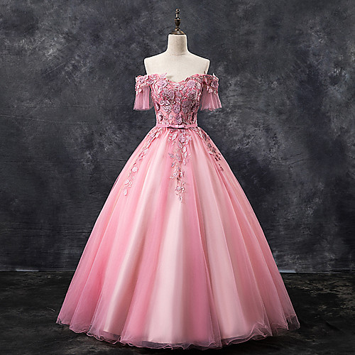 

Ball Gown Luxurious Floral Quinceanera Prom Dress Sweetheart Neckline Short Sleeve Floor Length Tulle with Pleats Appliques 2021