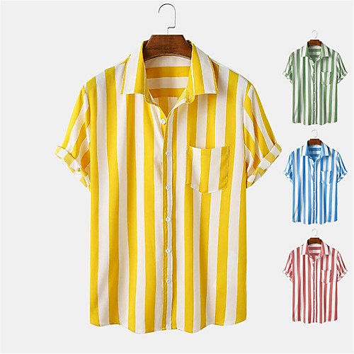 

Men's Shirt Other Prints Striped Button-Down Print Short Sleeve Daily Tops Casual Blue Yellow Blushing Pink